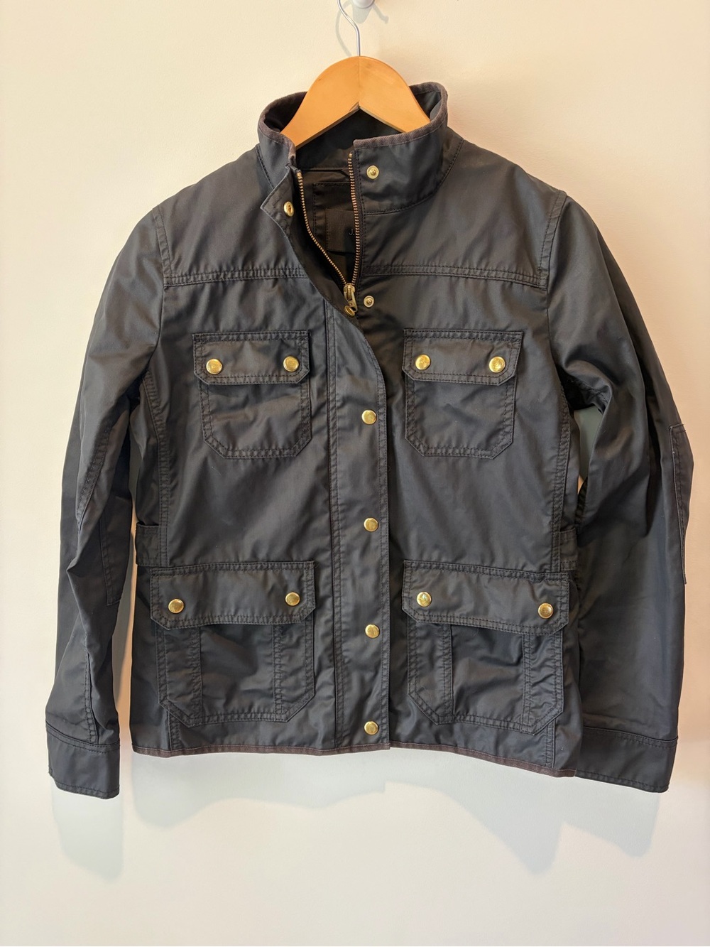 Women's J Crew Waxed Cotton Utility Jacket with Brass Snap Details S